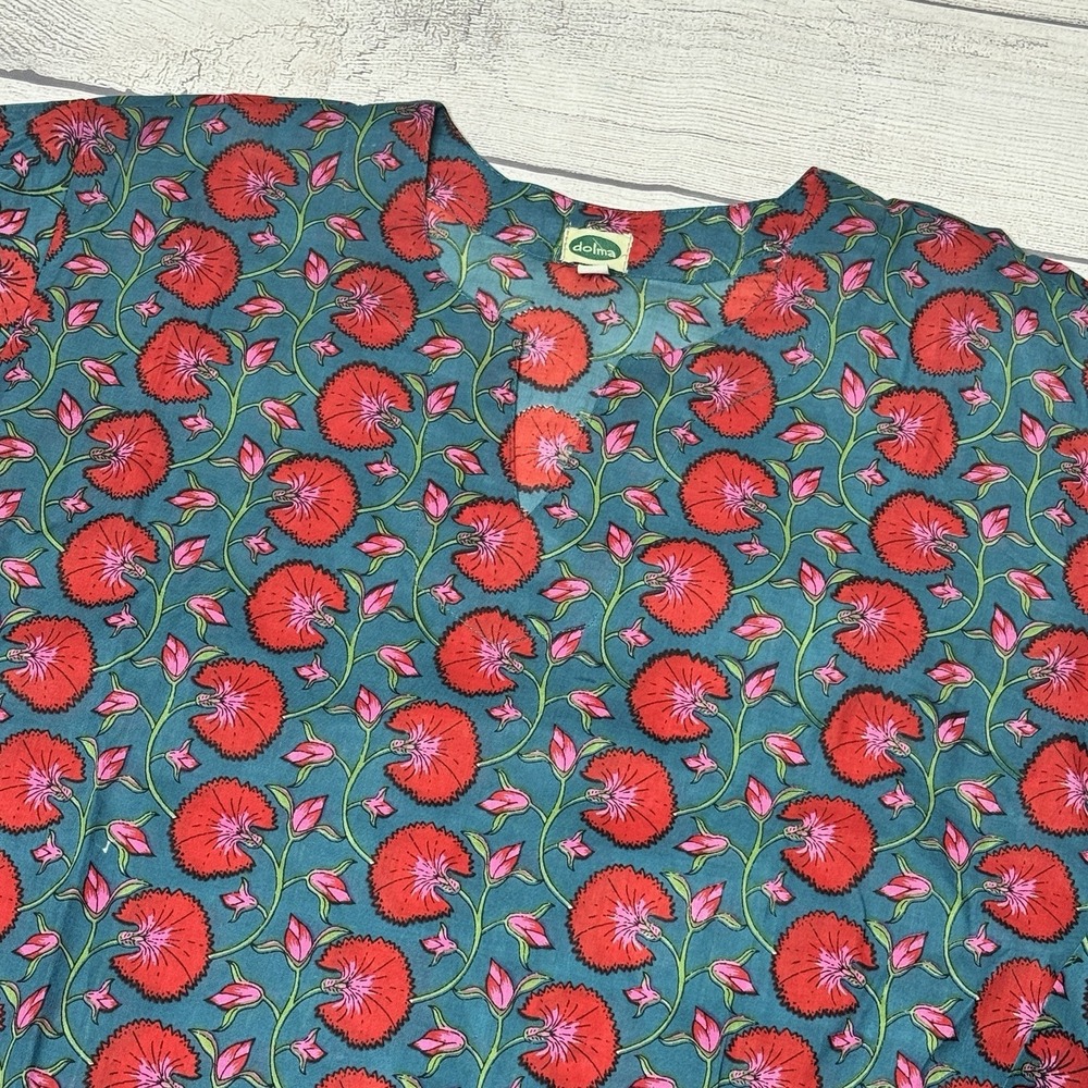 Dolma Blue Red Floral Cotton Tunic Top Medium Split Neck 3/4 Sleeves‎ India